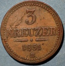 1851 B Austria 3 Kreuzer Franz Joseph I KM# 2193