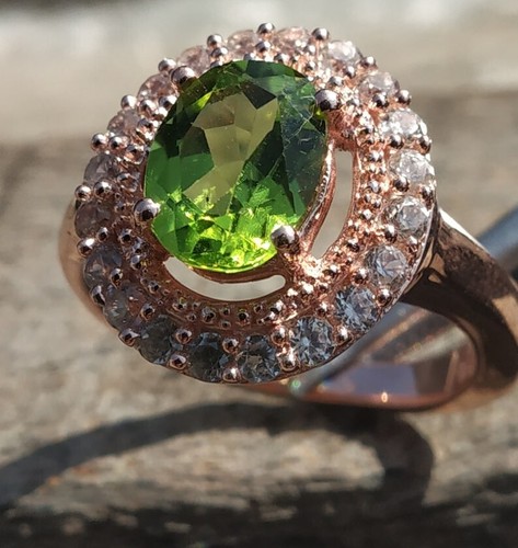 Rose Gold Plated Natural Green Peridot Ring 925 Sterling Silver Victorian Ring - Picture 3 of 11
