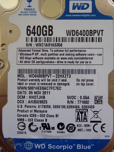 Western Digital WD6400BPVT-22HXZT3 | HH0TJHB | 05 NOV 2011 | 640GB