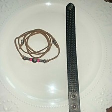 New Leather Wrap American Indian Beaded Silver  Black Gothic Stud Bracelet    tb