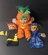 Large Russ Berrie Troll Kidz In Pumpkin Costume And Two Troll Doll Puppets