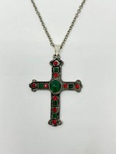 Antik Kreuz Anhänger mit Kette Rubin und Grüne Steine 925 Silber Vintage Rare