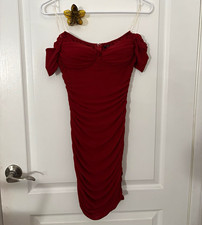 Windsor Red Ruched Off-Shoulder Bodycon Knee Dress Mesh Zip Stretch S