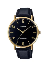 Casio MTP-VT01GL-1B2 Men's Minimalistic Gold Tone Leather Band Black Dial Watch
