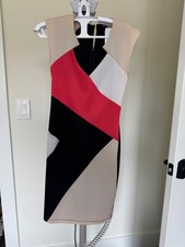 GUESS Colorblock Fitted Work Dress – Black/White/Beige/Orange, Size S, Back Zip