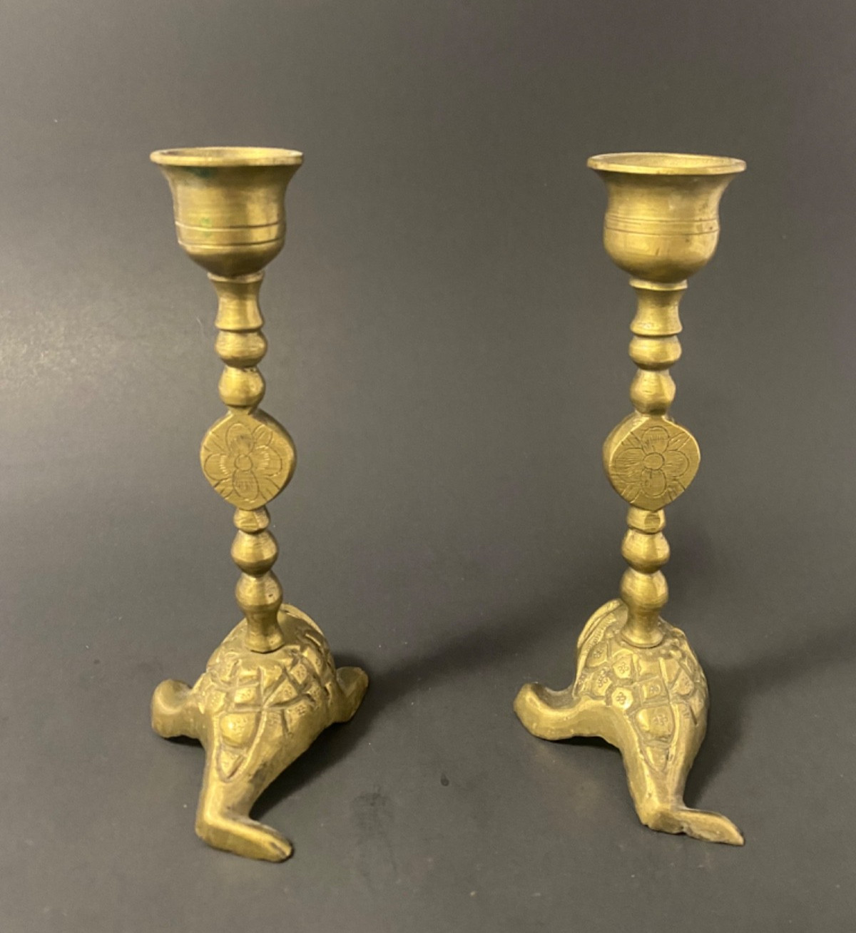 Vintage Brass Candlestick Holder Whimsical Turtle Frog Eclectic Boho Set Of 2