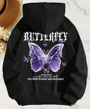 Women's Purple Butterfly  Slogan Print Hoodie - "Never Give Up" Graphic Hoodie