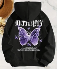 Women's Purple Butterfly & Slogan Print Hoodie - "Never Give Up" Graphic Hoodie
