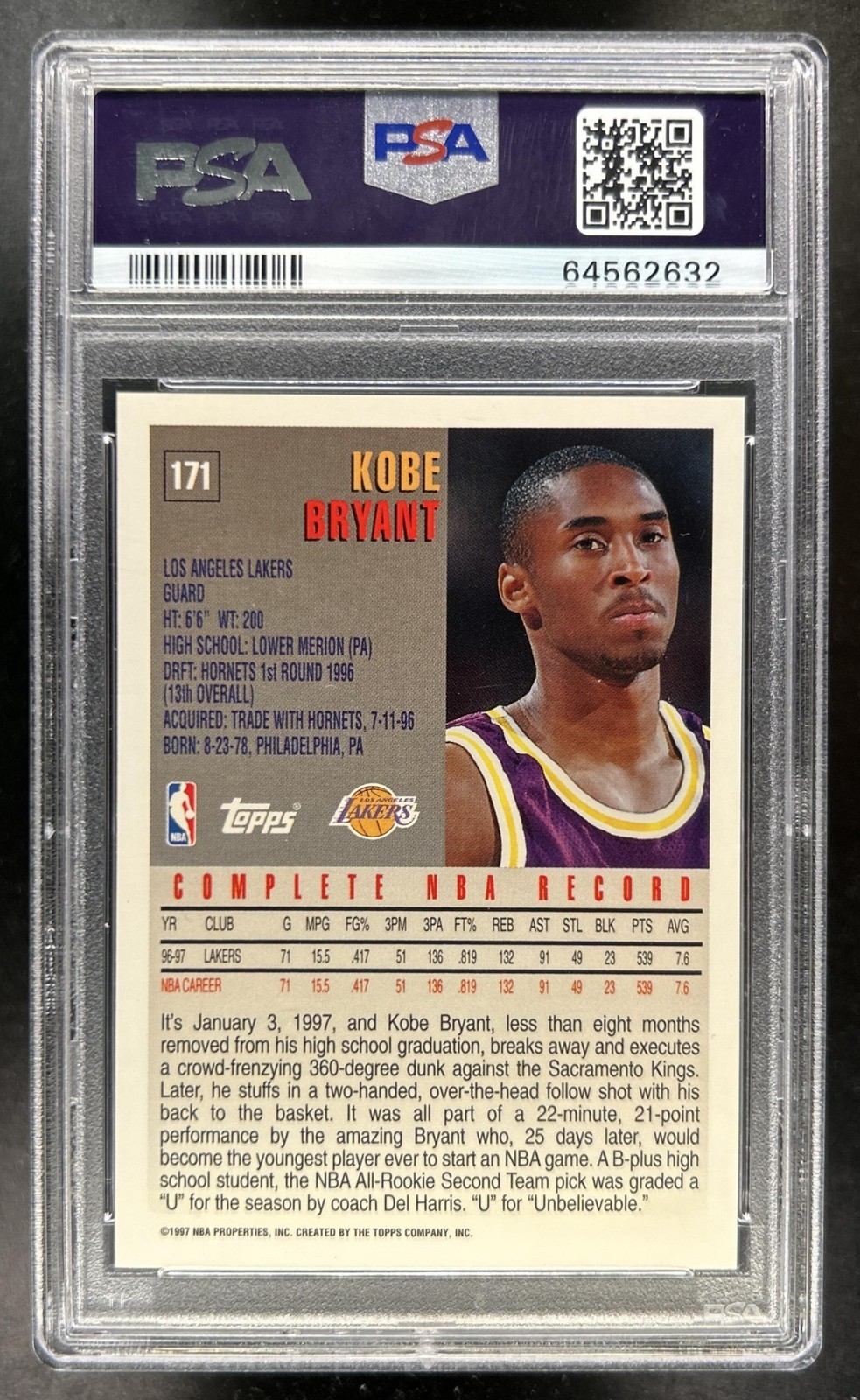 1997-98 Topps Kobe Bryant Minted in Springfield #171 Lakers PSA 10 GEM MINT view 2