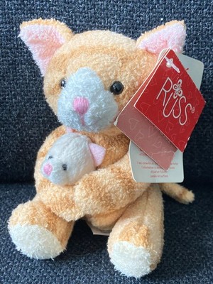 VINTAGE RUSS LUV PETS ORANGE GESTREIFTE KATZE & BABY KÄTZCHEN STOFFTIER #23210Y