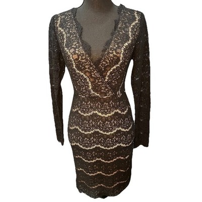 Francesca's Dress Black Lace Nude Color Lining Small Open Back Long Sleeves NWT