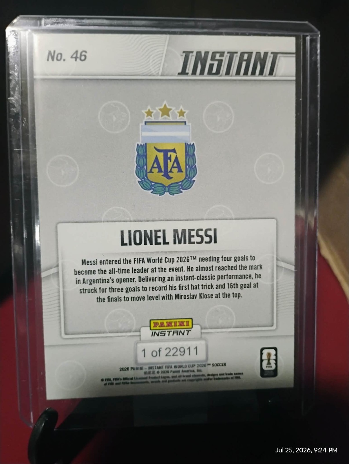 2026 Panini Instant FIFA World Cup #46 Lionel Messi Argentina PR:22911 In-Hand view 2