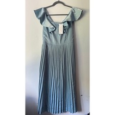 Boohoo Occasion Pleated Midi Dress Women's US 4 Blue Satin Ruffle NWT