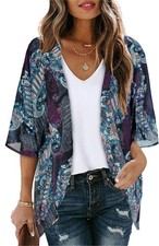 Women  s Sheer Kimono Cardigan Cover Up, Open Front, Boho Purple, L