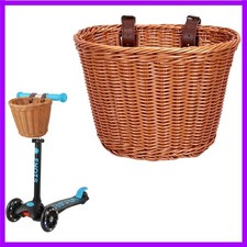 Kids Bike Basket Front, Hand-Woven Brown Bicycle Basket for Boys Girls, Tricy...