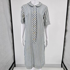 Vintage 1960s Unbranded Blue White Striped Peter Pan Collar Shirt Dress L