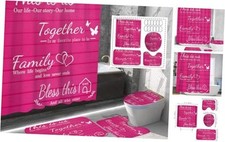 4Pcs Family Shower Curtain Sets with Non-Slip Rugs, Toilet Lid Cover and Pink