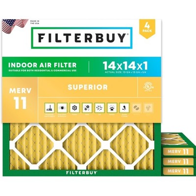 14x14x1 Air Filter MERV 11 Electrostatically Pleated 4-Pack for HVAC, Allergies