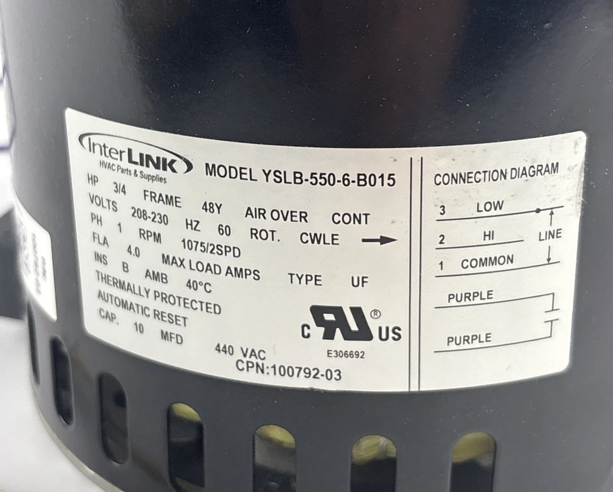 InterLink YSLB-550-6-B015 HVAC Blower Motor 3/4 HP 208-230V 1075 RPM photo 3