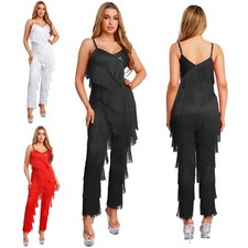 DE Damen Latein Tanzkleid Overall Fransen Pailletten Jumpsuit Cha Cha Jazz Dance