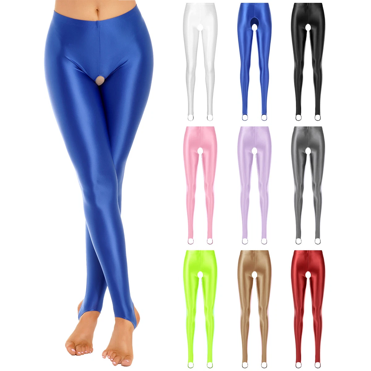 Women's High Waisted Yoga Pants Tummy Control Oil Shiny Sports Tights  Workout