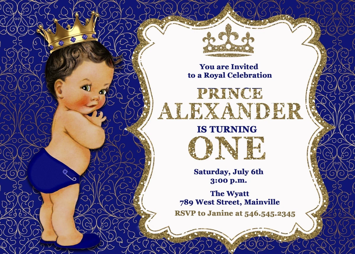 Prince Royal King Blue Gold First Birthday One Birthday Party Invitation