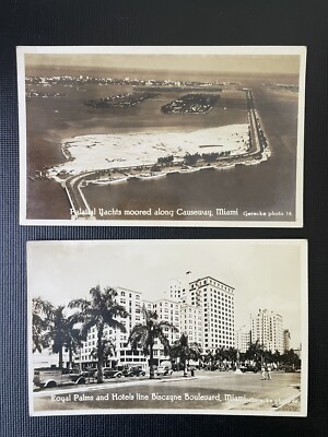 lot of 2 real photo postcards Miami Florida Biscayne Blvd Causeway Yachts