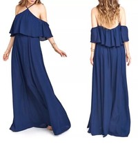 $184 Show Me Your Mumu Dress XS Rebecca Ruffle Maxi Blue Cold Gown Formal