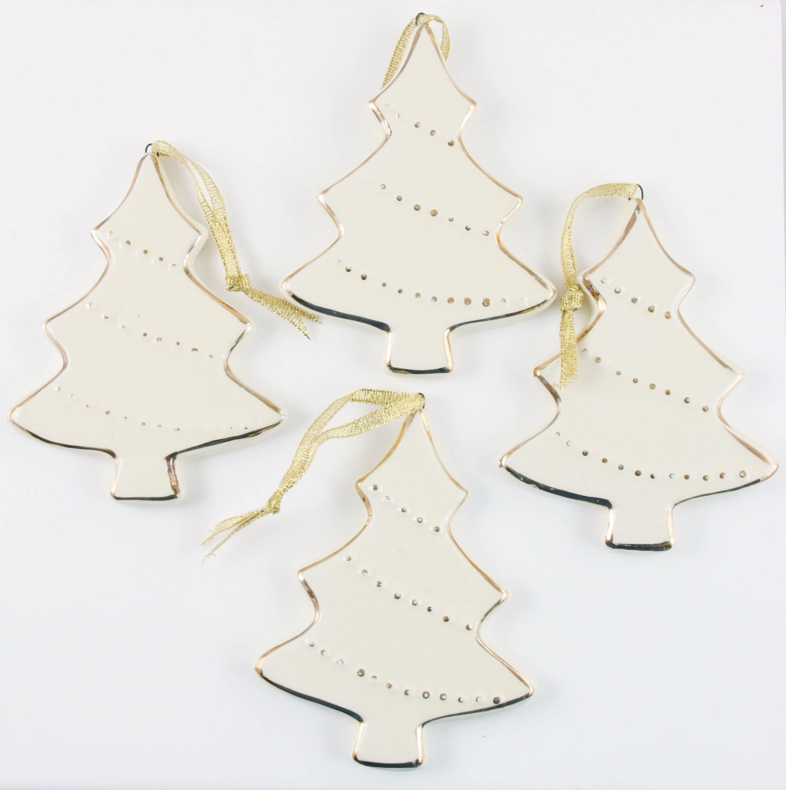 Ceramic White Gold Tree Set of 4 Christmas Holiday Ornament Decorations