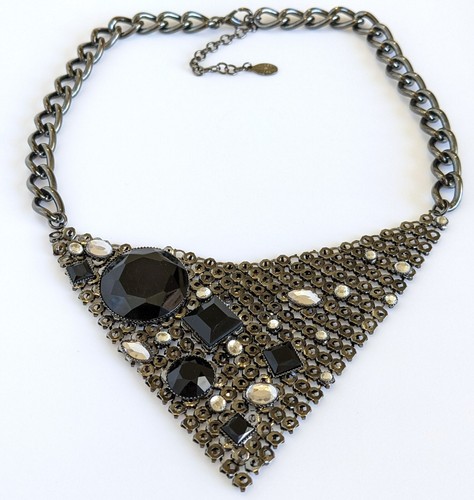 Signed Robert Rose Goth Gunmetal Black Rhinestone Mesh Statement Bib Necklace - Picture 3 of 12