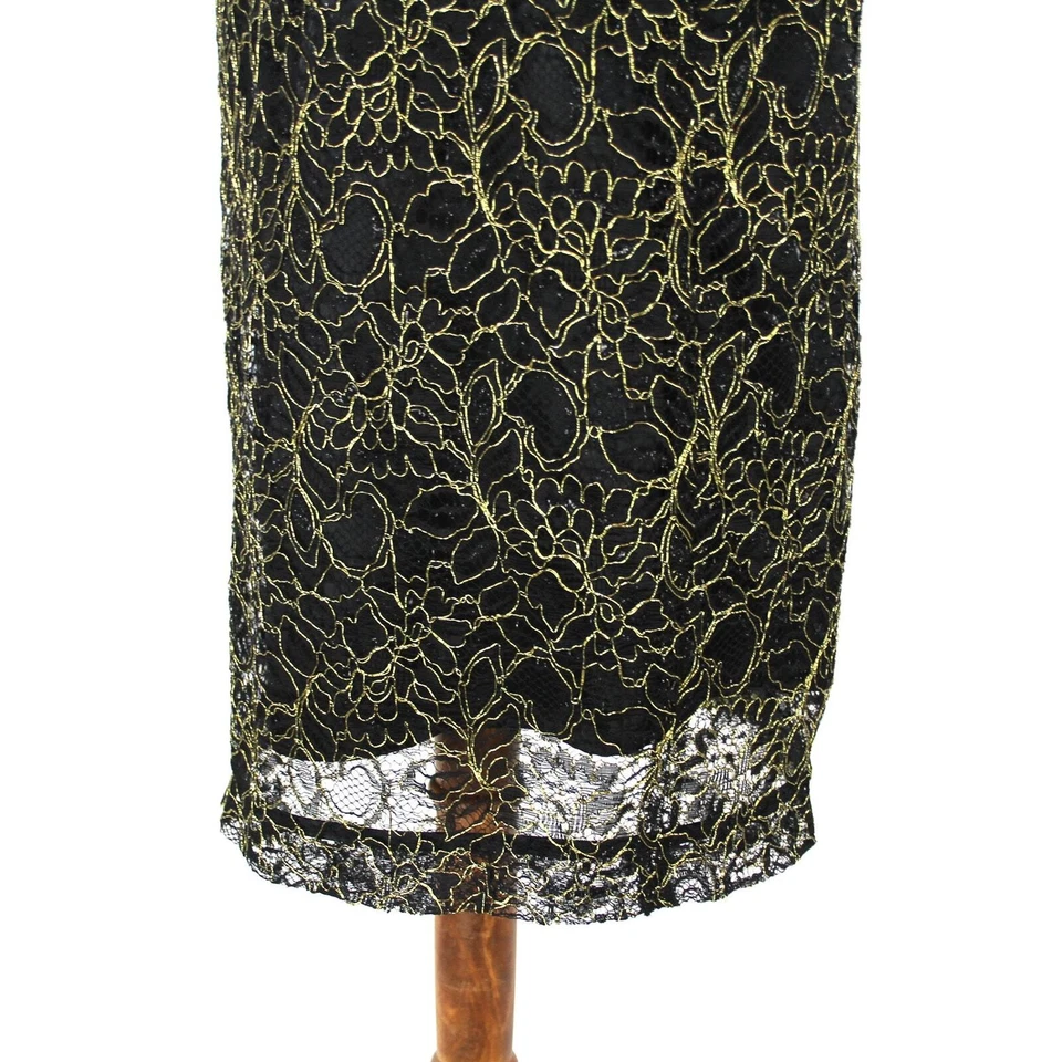 Vestido de cóctel THEIA de encaje negro dorado floral con cinturón 8 cuello barco manga 3/4 Foto 4 de 4