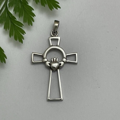 Sterling Silver Irish Claddagh Cross Pendant Love Loyalty Friendship