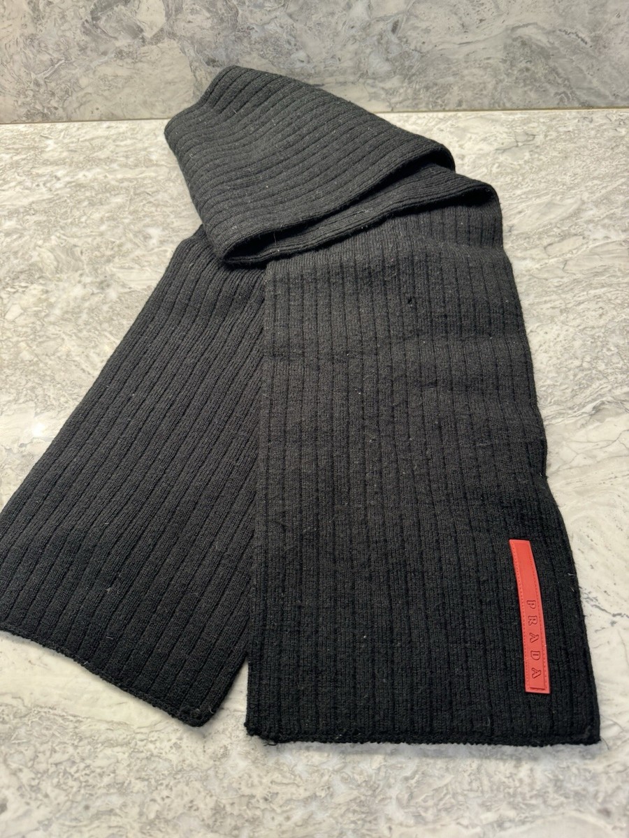 PRADA BLACK RIBBED KNIT SCARF WITH RED/Rubber RETRO LABEL CLASSIC