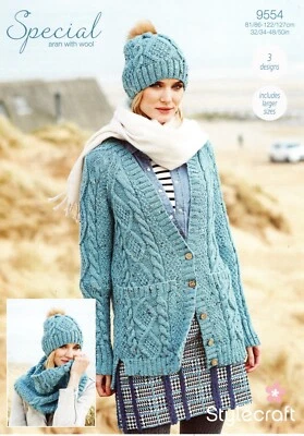 Stylecraft Special Aran Knitting Pattern - 9554 Ladies Cardigan, Hat & Snood