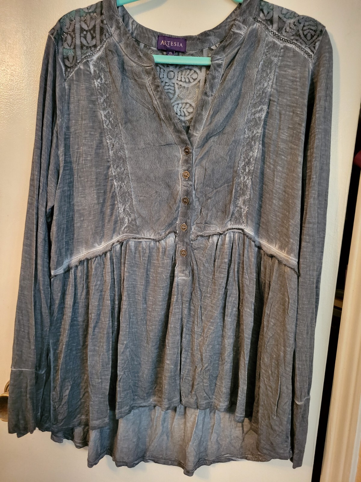 ARTESIA Mujer XL Gris Envejecido Tie Die Top Damas Encaje