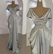 Mother of the Bride Dresses Grey Cap Sleeves Satin Beaded Formal Evening Gown