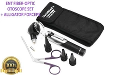 ENT FIBEROPTIC OTOSCOPE SET SET Kit-+1 BULB+1 ALLIGATOR FORCEPS + 10 SPECULA BLK