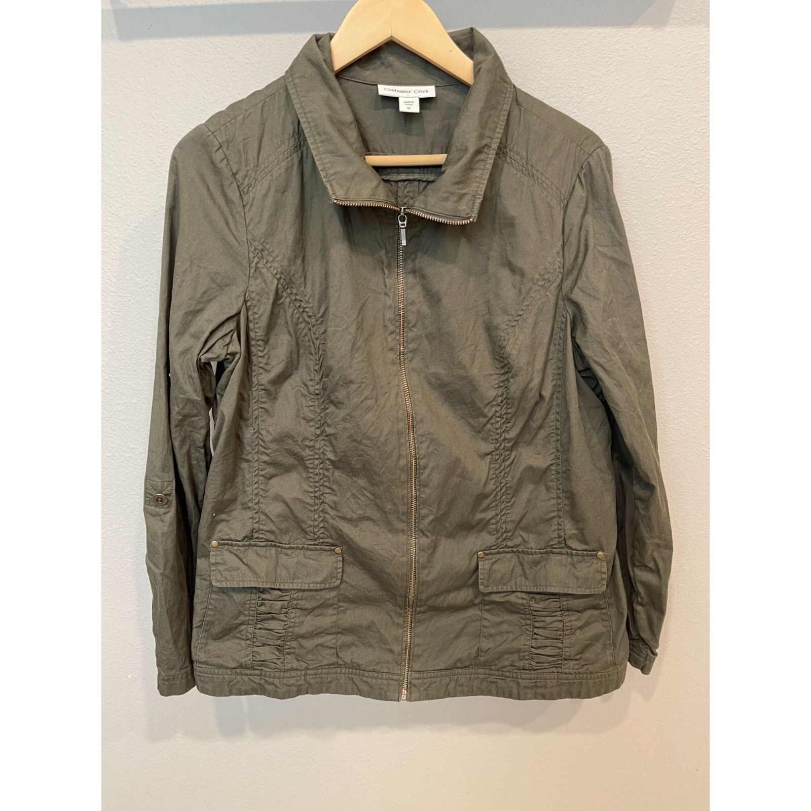 Coldwater Creek Full Zip Collared Green Jacket Size 12 Long Sleeves Outerwear