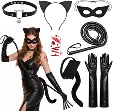 7 PCS Halloween Cat Costume Accessories for Women, Black Cat Mask Ears and Tail