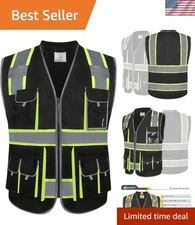 10 Pockets Hi-Vis Zipper Front Black Safety Vest | Cushioned Collar | High Re...