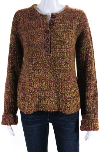 Central Park West Womens Crew Neck Button Up Cardigan Sweater Pink Green Medium