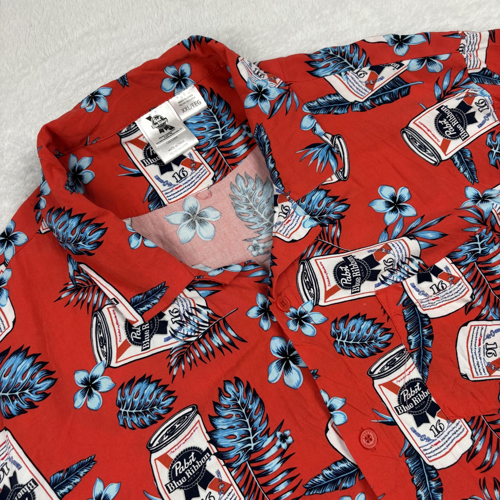 Pabst Blue Ribbon Shirt Mens 2XL Red Short Sleeve Button-Up Hawaiian Relaxed Fit