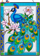Peacock Stained Glass Window Hanging, 11" W X 15" H Stained Glass Panel with Cha