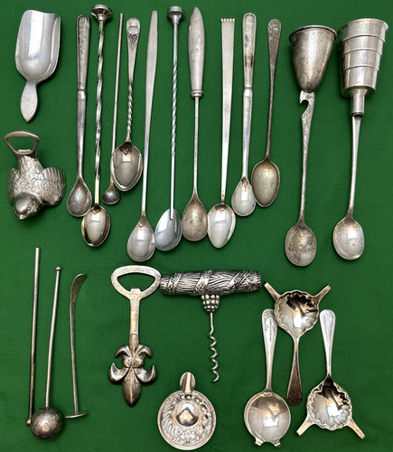 23 Pc Vntg Silverplate & Metal BARWARE SPOONS MUDDLERS CORKSCREW JIGGERS & More