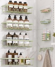 8Pc Green Adhesive Shower Caddy Set w/ Soap Dish, Toothbrush Holder Hooks