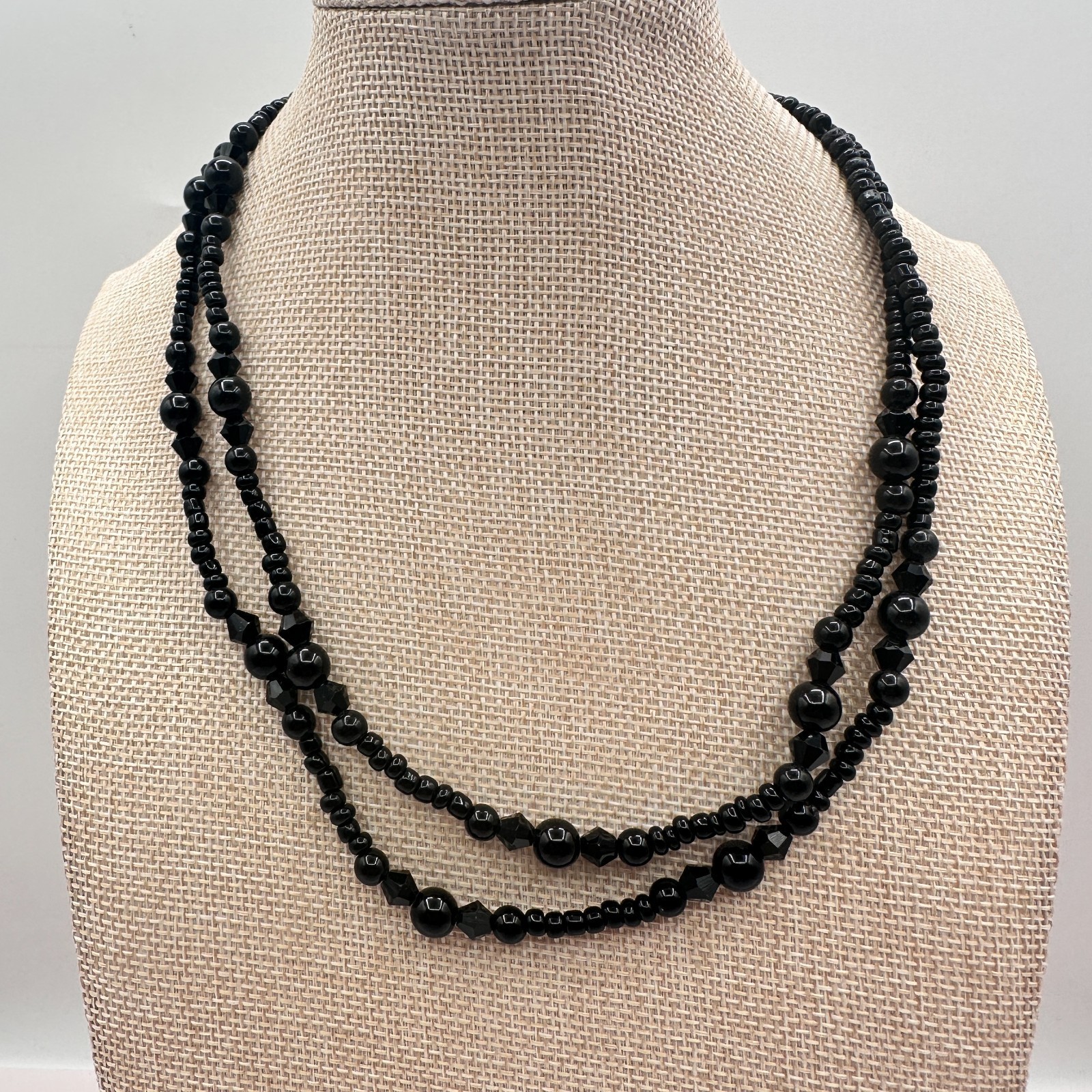 Vintage Y2K Black Beaded Double Strand Necklace Boho Women's Classic Jewelry