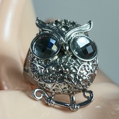 Owl Cocktail Statement Ring Silver Tone Multifaceted Rhinestone Eyes Size 10.5