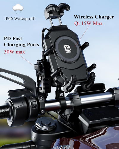BRCOVAN Motorcycle Phone Mount with Qi 15W Wireless Charger & 30W PD/USB-C Fast - 第 2/12 張圖片