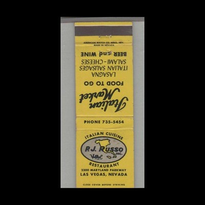Matchbook Cover Nevada R.J. Russo Restaurant Las Vegas, NV