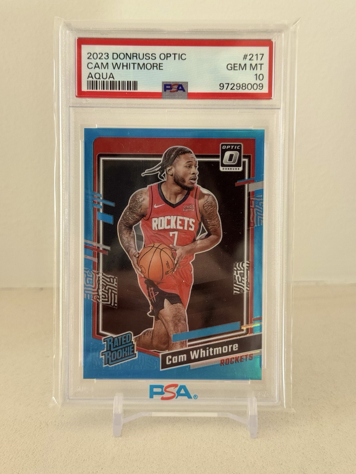 2023-24 Donruss Optic Cam Whitmore Aqua Prizm Rated Rookie #/249 Rockets PSA 10